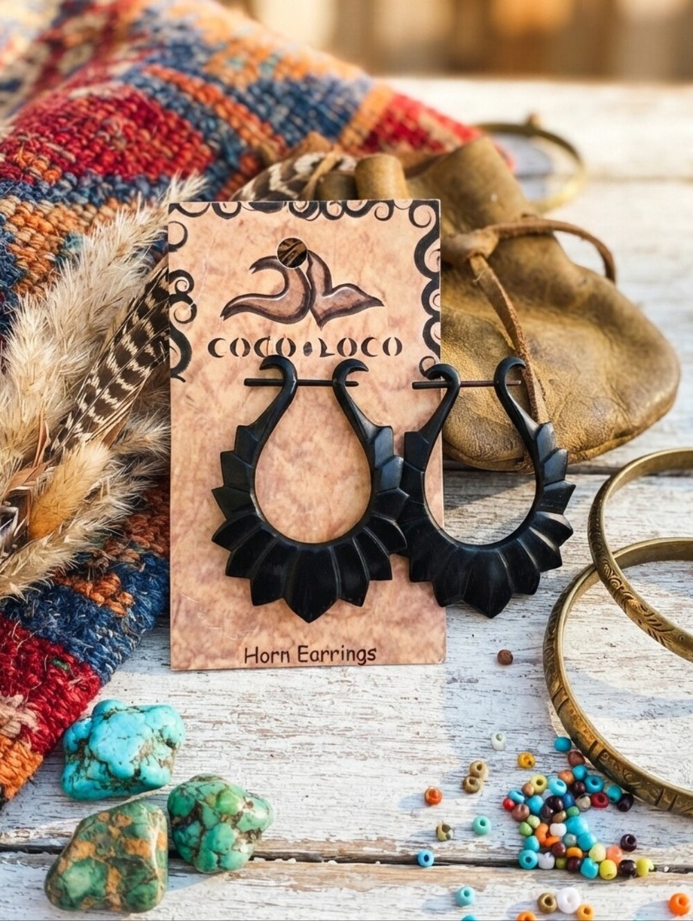 Hand Carved Water Buffalo Horn Sunburst Hoop Earrings Hypoallergenic